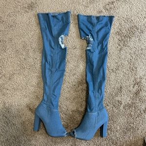 Bamboo Denim Open Toe Over the knee Boots Size 8